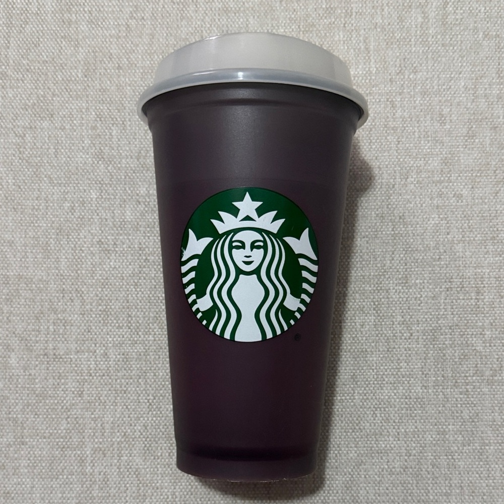 Starbucks Reusable 16 oz cup-Plastic-Dark Plum Color-Cloudy White Lid-EUC
